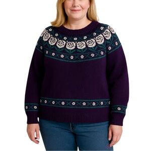 Hand Knit Purple & Green Fair Isle Crew Neck Coastal Wool Blend Sweater Sz XL